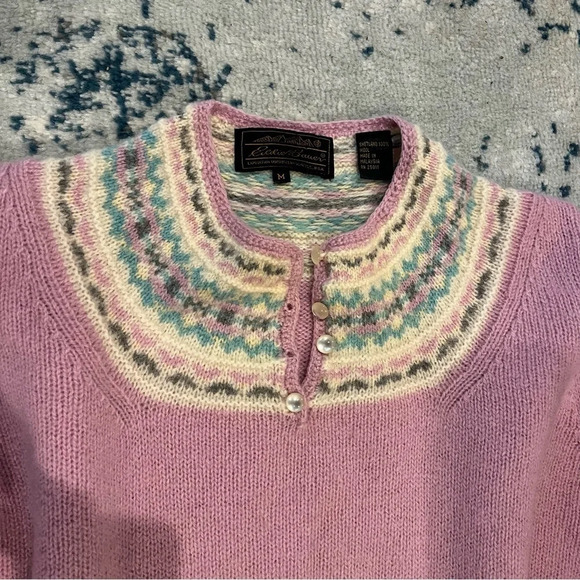 Vintage 80s light pink wool pearl buttons fair isle Eddie Bauer sweater Medium - Picture 3 of 10